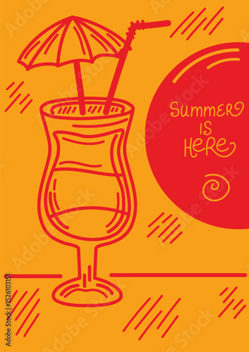 Tropical cocktail with umbrella and straw. Minimal line art print. Bright red and orange summer design. Summer is Here. For posters, cards, or seasonal decor.