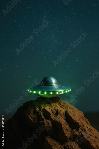 Glowing UFO model on desert outcrop with blurred starry sky at midnight