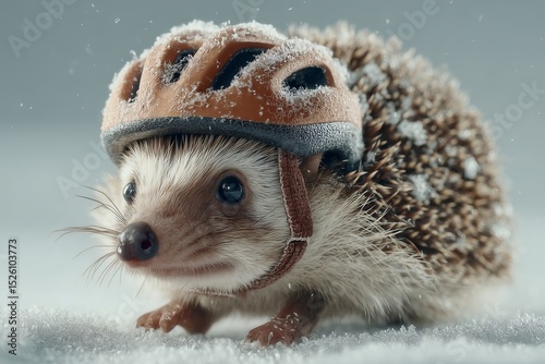 A quirky hedgehog in spiked biking helmet racing through snow on solid white background, speedy and cute, frosty competition scene.