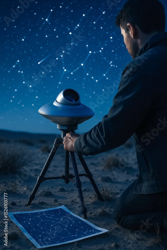 Person setting up UFO-shaped telescope in desert with blurred starry sky at night
