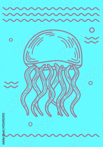 Minimal jellyfish line art on blue background. Simple and modern marine design. For summer cards, kids prints, beach-themed decor, or ocean projects
