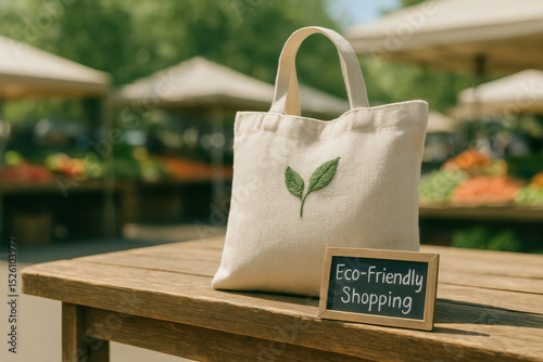 Reusable canvas tote bag on market stall with blurred farmers' market at noon