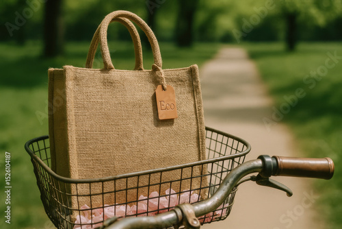 Woven jute shopping bag in bicycle basket with blurred park path at noon