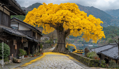AI generator images of Ginkgo Tree Road. The beauty of the Ginkgo tree in autumn. The fallen leaves on the ground. Rusty chains running alongside planted paths enhancing the beauty of rustic life photo