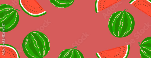 Minimalistic watermelon illustration with whole watermelons and slices on red background for banners, posters, invitations, and seasonal designs