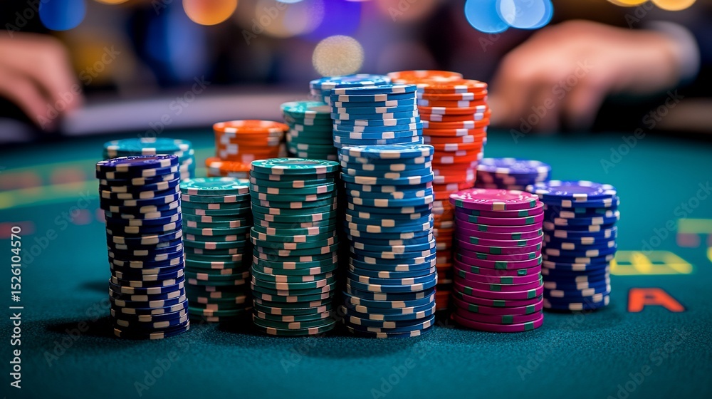 Stacks of colorful casino chips on a green felt table create a vibrant scene Stacks of colorful casino chips on a green felt table create a vibrant scene