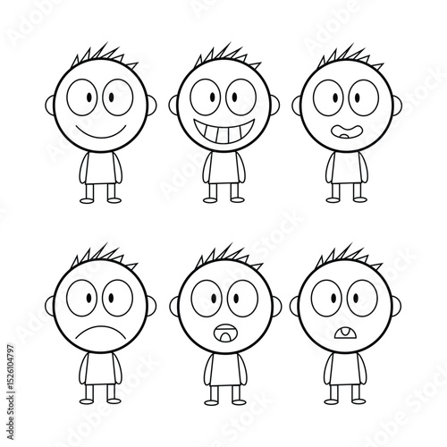 Set of stick figure boy with different facial expressions. Hand-drawn expressions in minimal line art style. Vector illustration. Isolated on white background.
