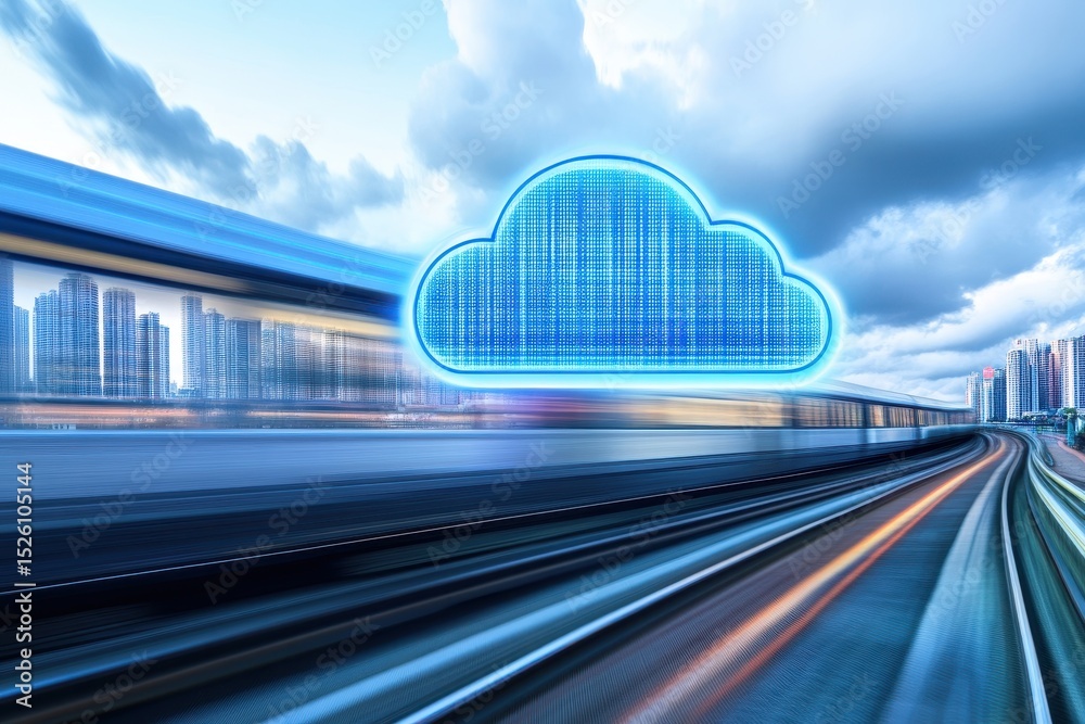 Fototapeta premium Cloud computing technology illustrated with a speeding train on urban tracks under a dynamic sky