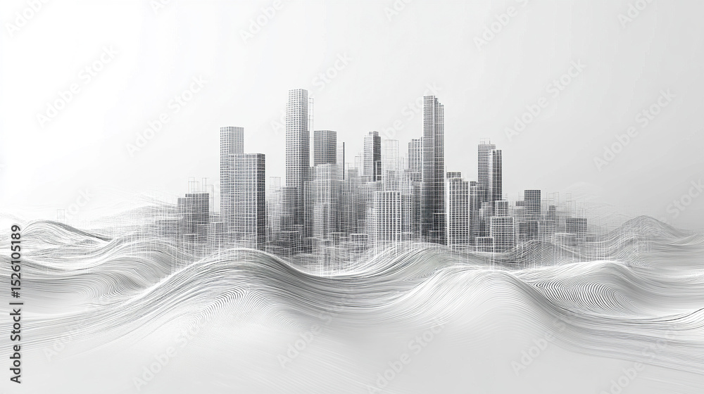 Fototapeta premium Futuristic city skyline with wavy terrain and wireframe design, showcasing modern architecture