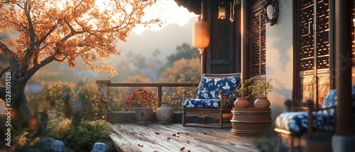 AI generator images of a small garden terrace for sitting and relaxing, Beautiful Home garden decoration idea with a beautiful view and fresh air