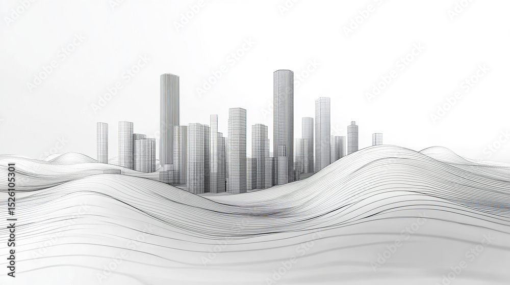 Fototapeta premium Futuristic city skyline with wavy terrain and wireframe design, evoking sense of innovation