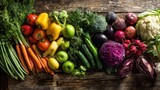 A beautiful still life of a bountiful harvest, with a variety of fresh vegetables on a wooden background.