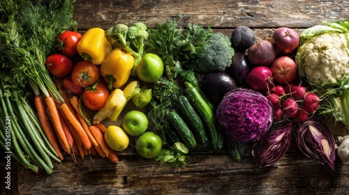 Fototapeta Naklejka Na Ścianę i Meble -  A beautiful still life of a bountiful harvest, with a variety of fresh vegetables on a wooden background.