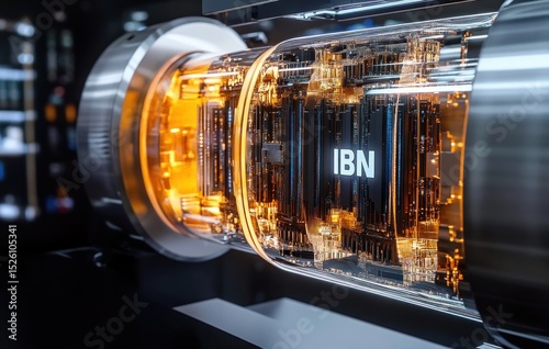 Close-up of a futuristic transparent cylindrical electronic device with glowing orange internal circuits and metallic end caps, highlighting intricate technology and digital complexity photo