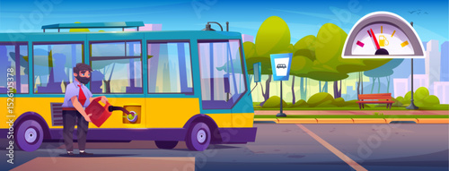 Bus driver fills empty vehicle with fuel from red canister at stop - bearded man in uniform carries canister to tank of public transport for city routes. Urban station with gauge meter, bench, trees