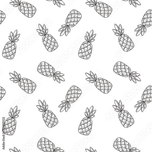 Hand-drawn outline pineapples black and white seamless pattern. Simple fruit sketch style on white background for fabric, wrapping paper, and decor