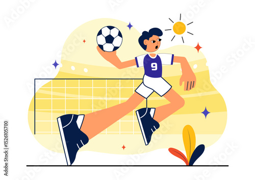 Handball Vector Illustration Featuring a Player Touching the Ball and Scoring a Goal During a Sports Competition in a Flat Style Cartoon Background