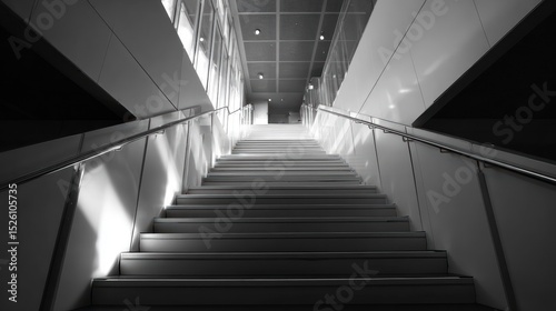 A view up a modern, brightly lit staircase, representing career progression and moving forward.