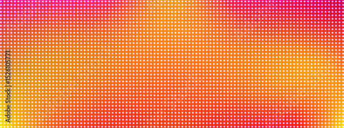 LED screen dot pattern, grid of glowing lights on orange background, blurred gradient effect. Abstract digital texture, technology backdrop with pixels, vibrant neon colors. Electronic display concept