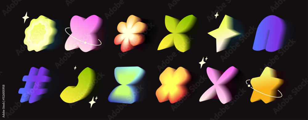 Vibrant y2k gradient icons with soft aura glow on black. Heart and flower, star, hashtag and abstract shapes in neon colors. Nostalgic digital elements for retro futuristic design aesthetics.