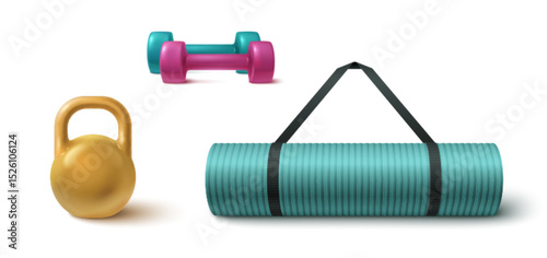 Bright 3d gym equipment set - turquoise and pink dumbbells, golden kettlebell, teal yoga mat with black carrying strap. Colorful fitness accessories for home workout training. Modern exercise tools.