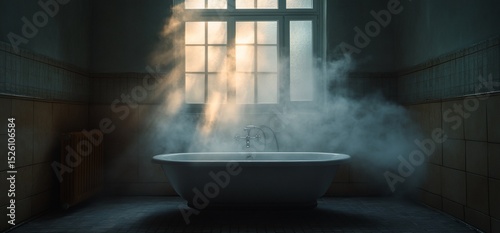 Steamy relaxation: Bathtub bathed in light and mist within a vintage bathroom