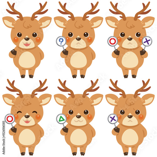 ○×△の札を持ったシカのキャラクターイラストセット