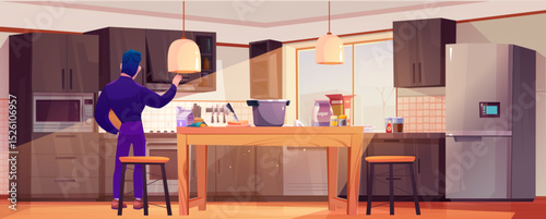 Cartoon man looking inside kitchen cabinet - male character opens dark cupboard in modern home with wooden table and microwave, refrigerator, pendant lights and stools. Cooking space interior.