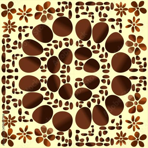 Brown coffee beans and paw prints create a seamless vector pattern for a warm cafe backdrop illustration