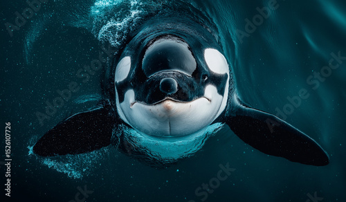 Wallpaper Mural AI generator images of Killer Whales, majestic orca leaps from the ocean, surrounded by shimmering water droplets , orca and dolphin jump in the blue ocean, showcasing the marine mammals' powerful fin Torontodigital.ca