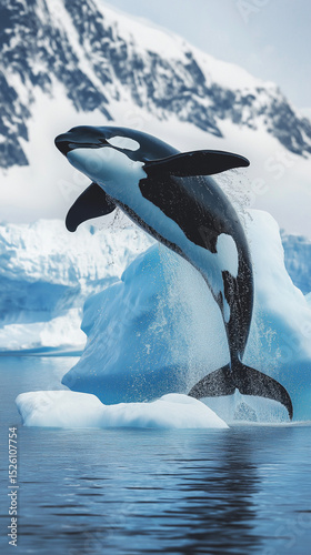 AI generator images of Killer Whales, majestic orca leaps from the ocean, surrounded by shimmering water droplets , orca and dolphin jump in the blue ocean, showcasing the marine mammals' powerful fin