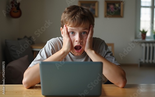 Shocked and surprised boy on the internet with laptop computer. High quality