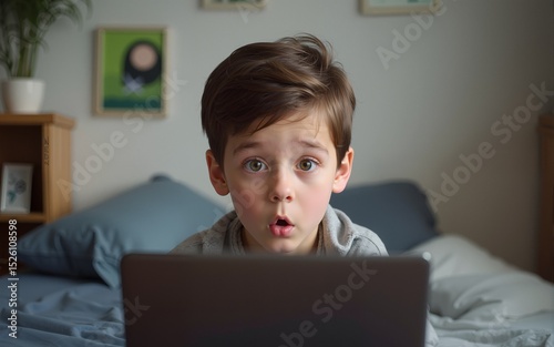 Shocked and surprised boy on the internet with laptop computer. High quality