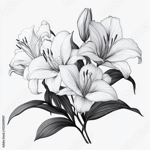 Detailed black and white botanical illustration of blooming lilies with multiple flowers and buds surrounded by long lance-shaped leaves