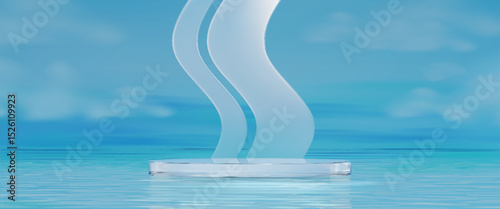 Modern glass podium display with curved backdrop floating on water surface - transparent platform reflecting aqua waves for product presentation. Minimalist showcase stage with flowing design elements