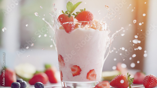 AI generator images of milk, yogurt, fruit, strawberry, splashing strawberry milkshake Fruity berry smoothie with strawberries, yogurt and linseed