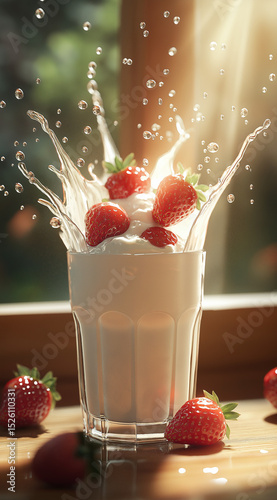 AI generator images of milk, yogurt, fruit, strawberry, splashing strawberry milkshake Fruity berry smoothie with strawberries, yogurt and linseed
