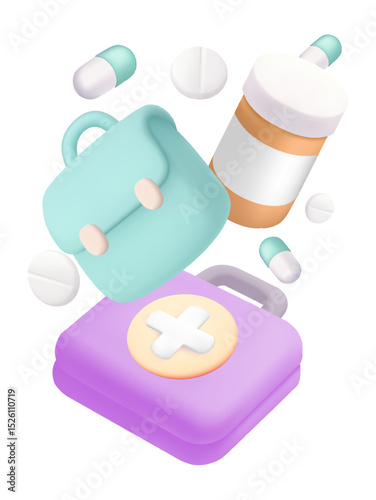 Falling pills on background and health care. Medical symbol Medicine bottle and pill. Medicine bag capsule Medical Flat Design Vector illustration Antibiotics. 3D vector