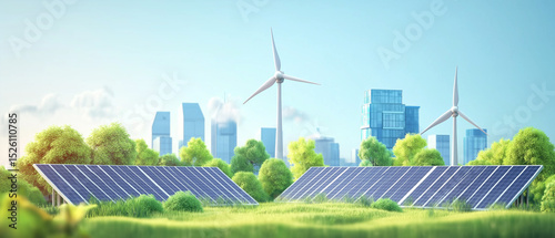AI generator images of wind turbines and solar cells energy industry, industries related to the production, transmission and distribution of all forms of energy. Play an important role in driving 