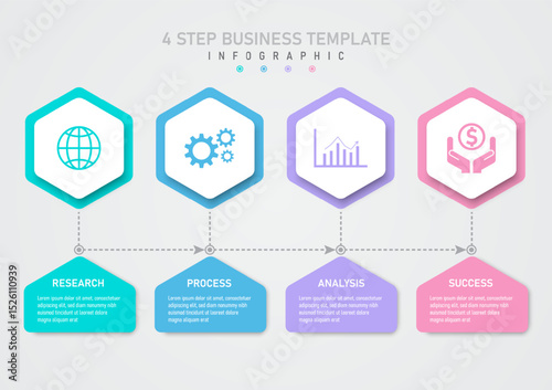 Infographic template 4 steps business planning. Multicolored hexagons below and white hexagons above. Icon in the center. Multicolored triangles below and white text in the center.