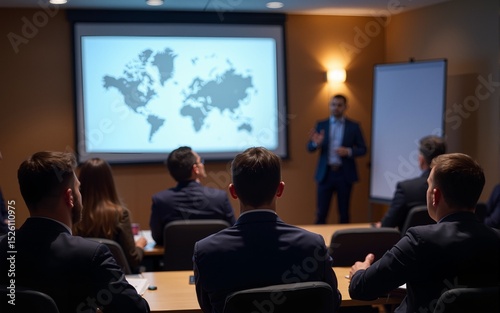 Audience Listens to Lecturer at a Conference Meeting Seminar Training. Group of People Hear Presenter Give Speech . Corporate Manager Speaker Gives Business Technology and Economic Forecast.