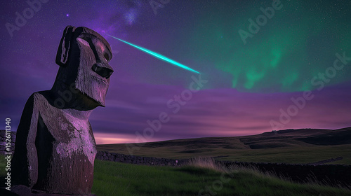 AI generator images of Moai stone statues, grasslands, night viewpoints, views of the Milky Way and comets, shooting stars ,Mysterious Moai Statues at Night Under the Milky Way Galaxy on Easter Island