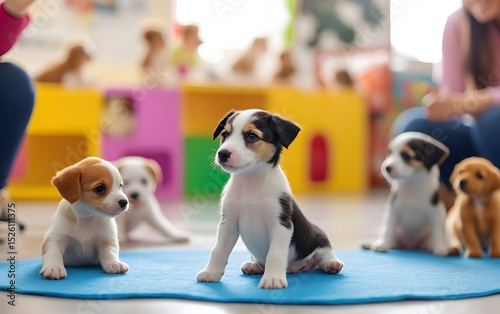 A playful scene in a dog daycare featuring adorable puppies exploring their surroundings
