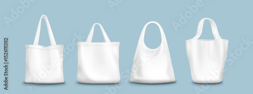 White tote bag mockup collection on blue background - canvas shopping bags with different handle, blank textile template for branding design, eco friendly reusable grocery accessories for presentation