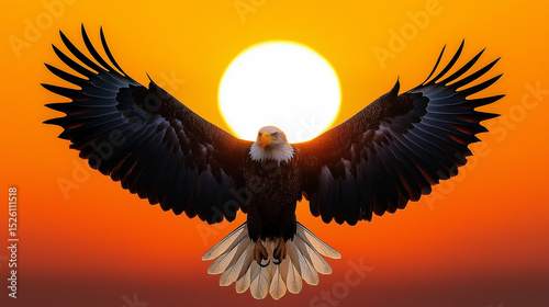 AI generator images of Eagle Flying Dramatic Red Sunset Spread Wings Images, Majestic eagle with wings spread wide golden sunlight dramatic sky
