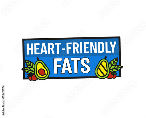 Bright illustration of heart-friendly fats with avocados and colorful leaves on blue background