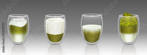 Matcha tea variations in double wall glass cups - green powder drink with milk foam, traditional Japanese beverage, cafe latte style presentation, healthy antioxidant nutrition for wellness lifestyle.