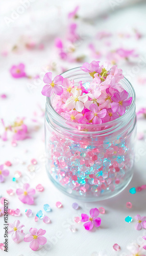 AI generator images of Glass jars filled with various flowers, concept of perfume production, essential oils from flowers, flower petals And sometimes, a similar method is used to produce homemade