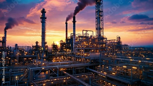 aerial view of a petrochemical plant at sunset, showcasing its vast network of pipes, towers, and infrastructure, symbolizing energy production and industrial technology