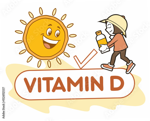 Cheerful illustration of a smiling sun and a person with a vitamin D bottle, promoting health and wellness